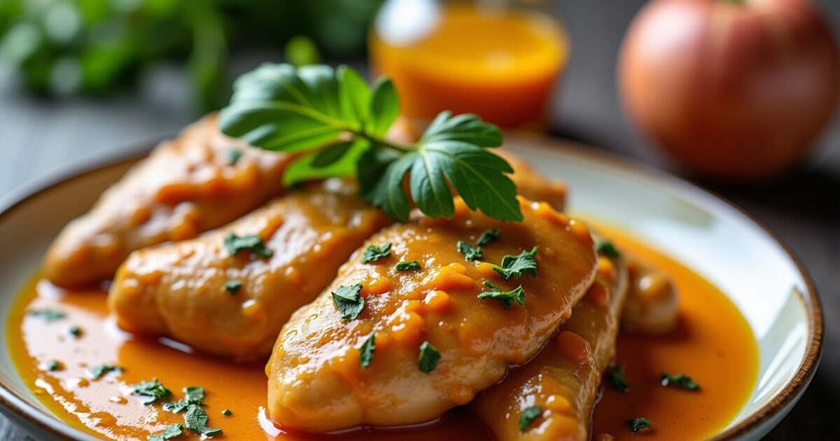 Délicieuses tranches fines de poulet nappées d'une sauce moutarde veloutée et crémeuse