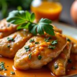 Délicieuses tranches fines de poulet nappées d'une sauce moutarde veloutée et crémeuse