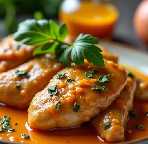 Délicieuses tranches fines de poulet nappées d'une sauce moutarde veloutée et crémeuse