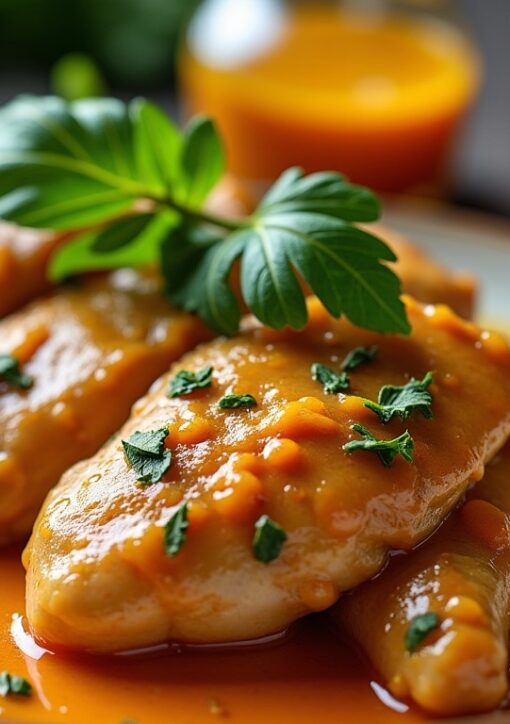 Délicieuses tranches fines de poulet nappées d'une sauce moutarde veloutée et crémeuse
