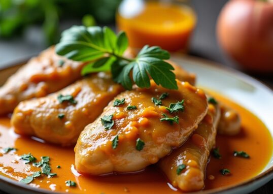 Délicieuses tranches fines de poulet nappées d'une sauce moutarde veloutée et crémeuse