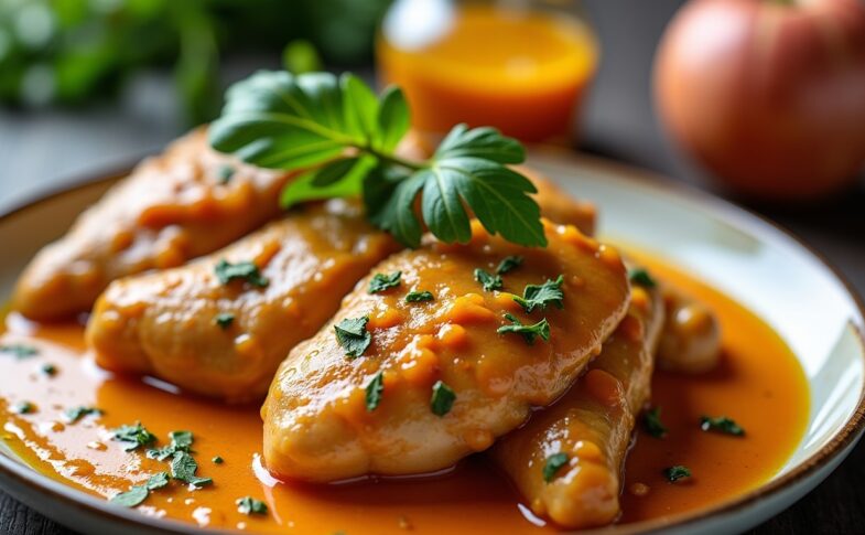 Délicieuses tranches fines de poulet nappées d'une sauce moutarde veloutée et crémeuse