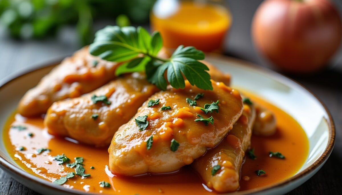 Délicieuses tranches fines de poulet nappées d'une sauce moutarde veloutée et crémeuse