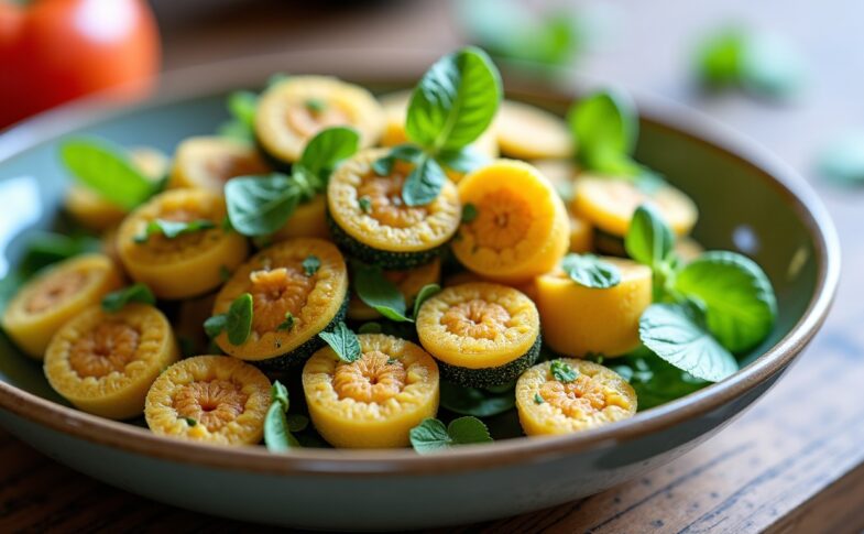 Salade fraîcheur : courgettes croquantes, dés de féta et éclats de menthe