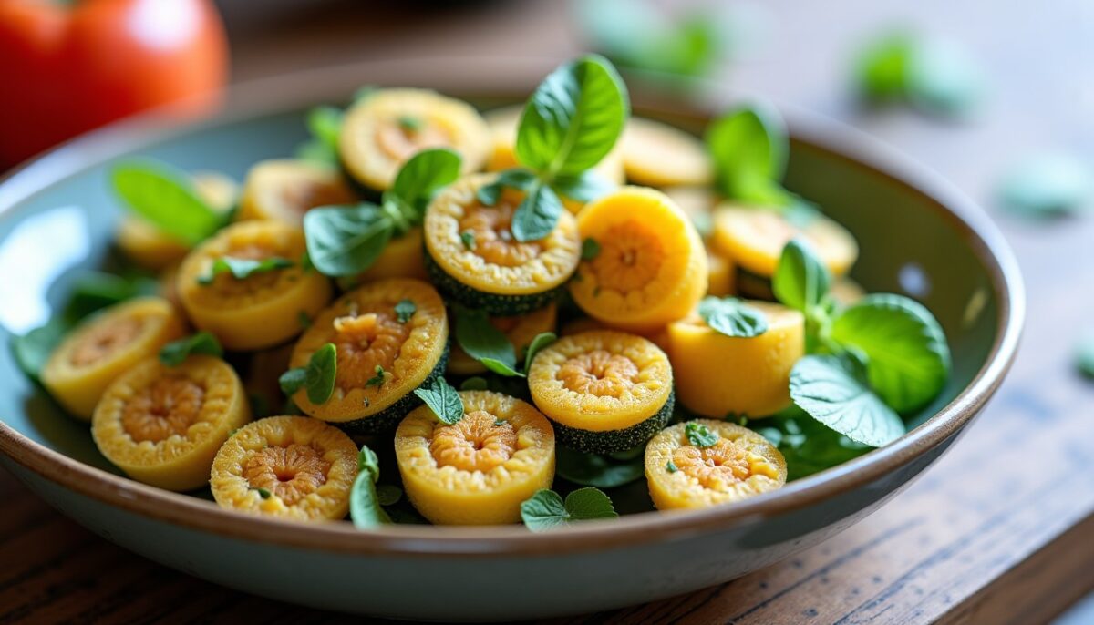 Salade fraîcheur : courgettes croquantes, dés de féta et éclats de menthe