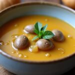 Délicieux velouté onctueux aux champignons de Paris servi avec une tuile croustillante au parmesan