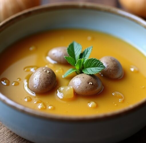 Délicieux velouté onctueux aux champignons de Paris servi avec une tuile croustillante au parmesan