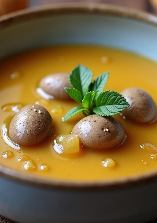 Délicieux velouté onctueux aux champignons de Paris servi avec une tuile croustillante au parmesan