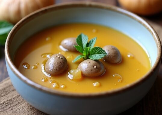 Délicieux velouté onctueux aux champignons de Paris servi avec une tuile croustillante au parmesan