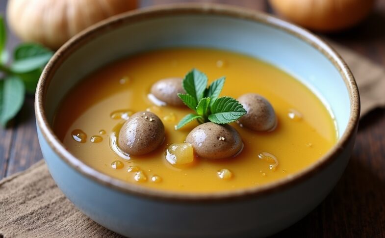 Délicieux velouté onctueux aux champignons de Paris servi avec une tuile croustillante au parmesan