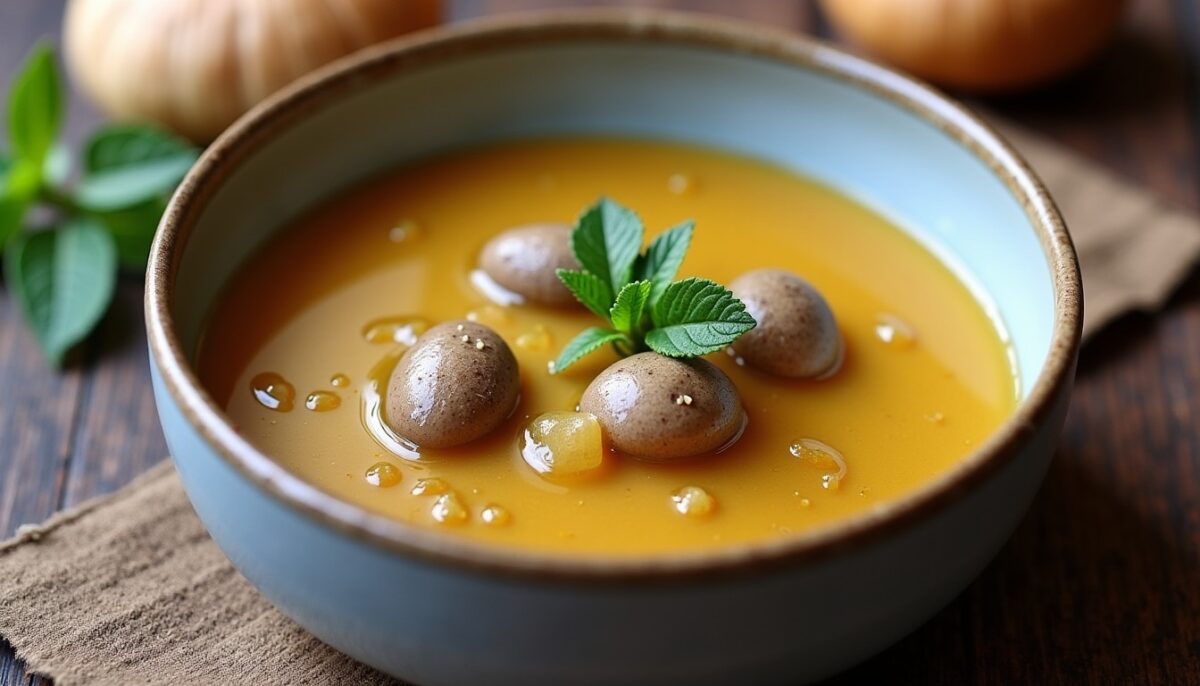 Délicieux velouté onctueux aux champignons de Paris servi avec une tuile croustillante au parmesan